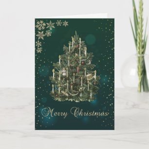 Cartão De Festividades Elegante Verde,Árvore de Natal Vintage,Flocos de N