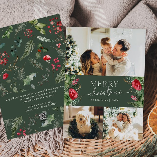 Cartão De Festividades Elegante Verde Botânico 3 Foto Feliz Natal (Criador carregado)