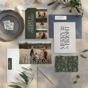 Cartão De Festividades Elegante verde moderno minimalista multi foto botâ