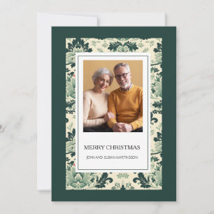 Cartão De Festividades Elegante Verde Vintage Floral Foto Feliz Natal