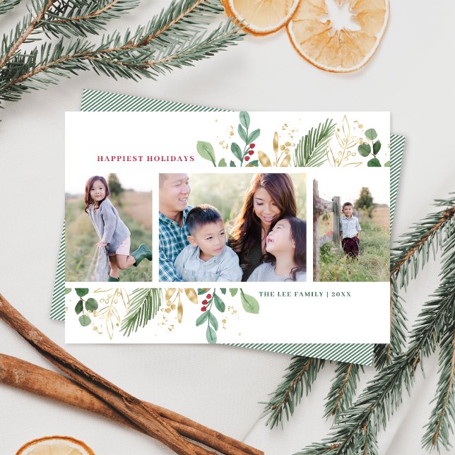 Cartão De Festividades Elegante Watercolor Botânico 3 Foto Natal (Criador carregado)