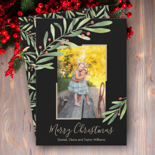 Cartão De Festividades Elegante Watercolor Greenery Foto de Natal