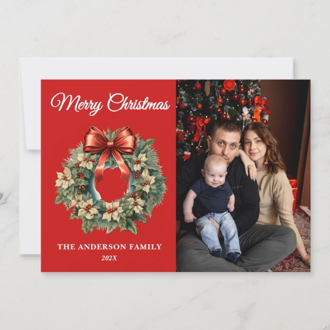 Cartão De Festividades Elegante Watercolor Wreath Photo (Frente)