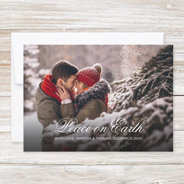 Cartão De Festividades Elegante White Script Peace On Earth Gradient Phot (Simple, classy christmas photo card "Peace on Earth" with elegant, festive white script typography.)