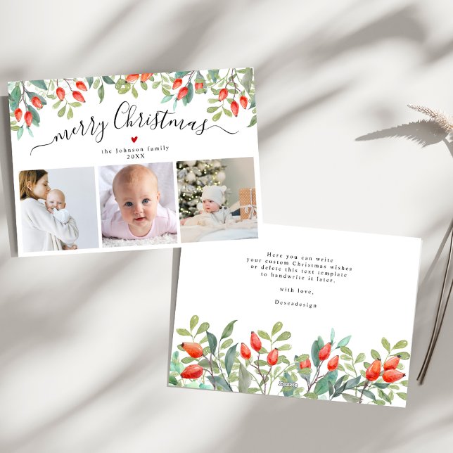 Cartão De Festividades Elegante Winter Berries Três Fotografias Natal (Criador carregado)