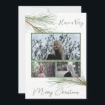 Cartão De Festividades Elegante Winter Greenery Felry Christmas Tree Phot<br><div class="desc">Elegante Winter Greenery, Pine e Cartão de Feriado de Árvore de Natal Dourado. Cartão com fotos com 3 fotos, verde de inverno, pinheiro e árvore de Natal Dourada, e roteiro "Tenha um Feliz Natal". Mensagem de desejos e árvore de Natal na parte de trás do cartão. Personalize este cartão com...</div>