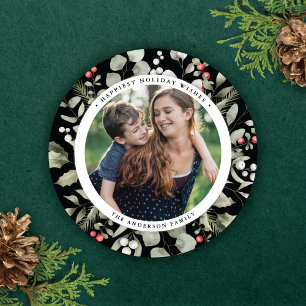 Cartão De Festividades Elegante Winter Greenery Wreath 1 Photo Round