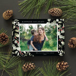 Cartão De Festividades Elegante Winter Watercolor Greenery Foto Botânica<br><div class="desc">Este elegante cartão com fotos de feriado apresenta uma foto horizontal solteiro enquadrada por uma bela aquarela eucalipto, holly e bagas sobre um fundo preto chic. A saudação editável na frente diz "Feriados Mais Felizes". A parte traseira da placa é um plano de fundo preto simples ao qual você pode...</div>