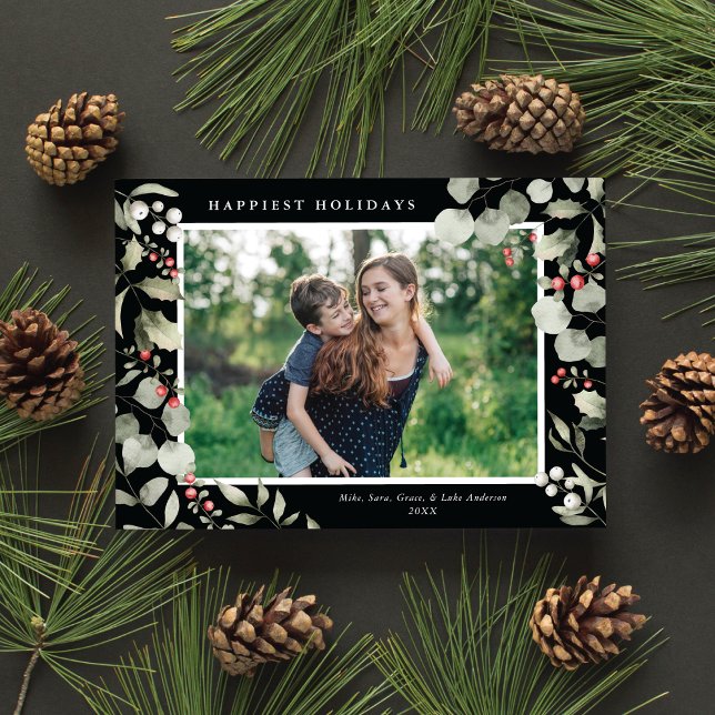 Cartão De Festividades Elegante Winter Watercolor Greenery Foto Botânica (Criador carregado)