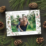 Cartão De Festividades Elegante Winter Watercolor Greenery Foto Botânica<br><div class="desc">Este elegante cartão com fotos de feriado apresenta uma foto horizontal solteiro enquadrada por uma bela aquarela eucalipto, holly e bagas sobre um fundo branco clássico. A saudação editável na frente diz "Feriados Mais Felizes". A parte traseira do cartão é um fundo vermelho festivo ao qual você pode adicionar outra...</div>