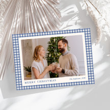 Elegante Xadrez Gingham Azul Foto Feliz Natal