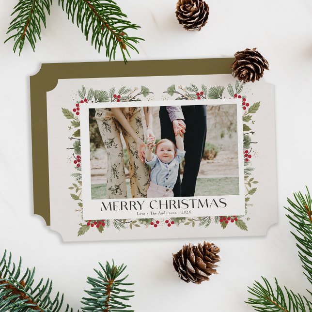 Cartão De Festividades Elegantes Botânicos de Inverno de Natal bege 1 fot (botanical elegant Christmas photo card, beige, green and red.)