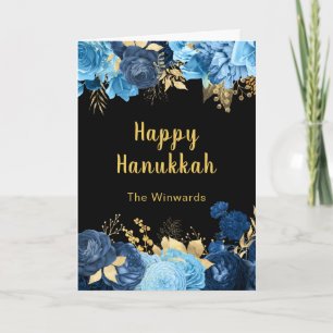 Cartão De Festividades Elegantes Flores Azuis e Douradas Festa de Hanukka