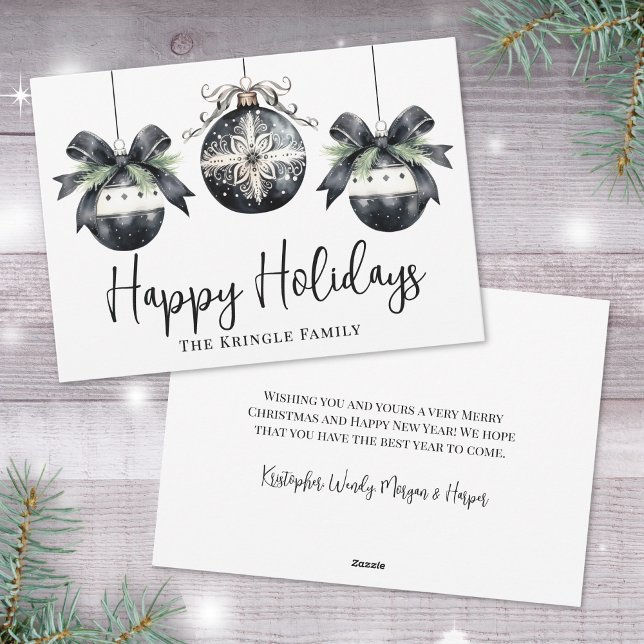 Cartão De Festividades Elegantes Pretos e Brancos Boas Festas (Elegant Watercolor Black White Happy Holidays Holiday Card)