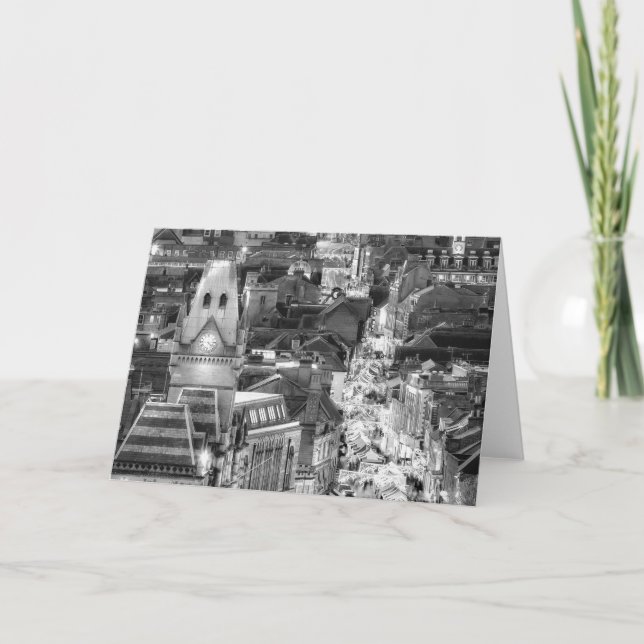 Cartão De Festividades Elevada vista urbana à noite com o mercado de Nata (Frente)