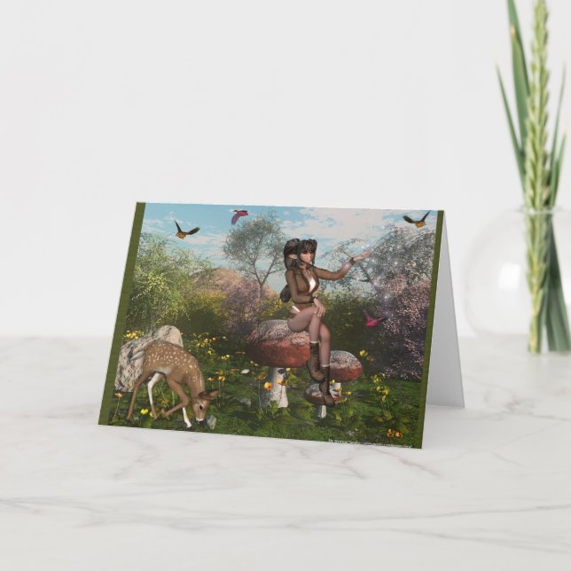 Cartão De Festividades Elf with a Deer in the Woods Fantasy Greeting Card (Frente)
