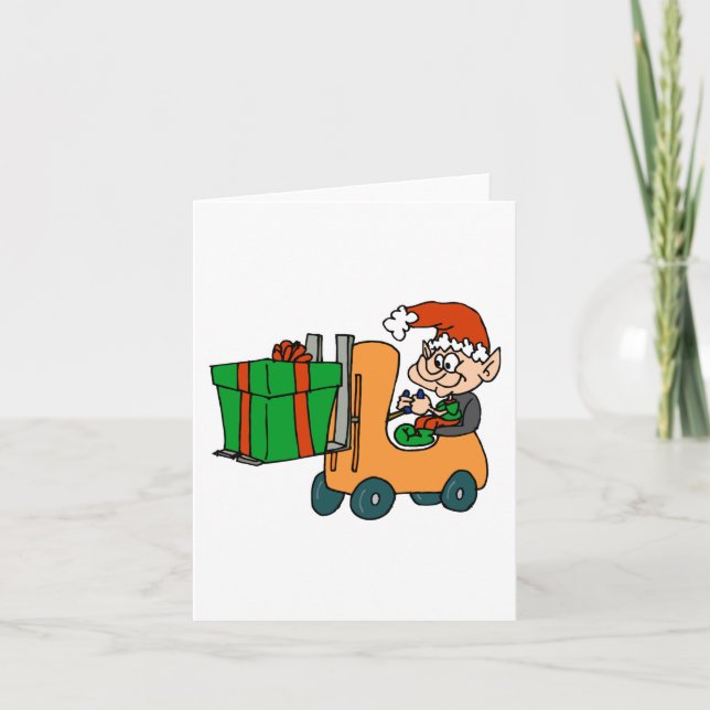 Cartão De Festividades elf with package on forklift (Frente)