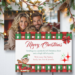 Cartão De Festividades Elfo de Natal Personalizado e Brilhos Xadrez