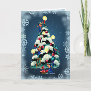 Cartão De Festividades ELFOS DECORANDO a ÁRVORE & ESTRELAS por SHARON SHA