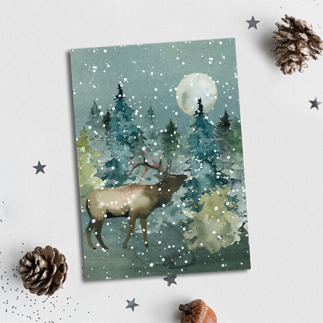 Cartão De Festividades Elk na Floresta com Lua Cheia e Neve Aquarela (Elk in Forest Full Moon Snowfall Watercolor Holiday Card)