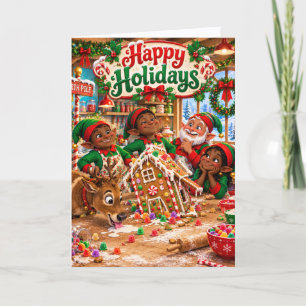 Cartão De Festividades Elves Fofos e Casa de Biscoito de Gengibre Desajei