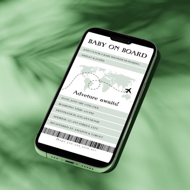 Cartão De Festividades Embarcar O Bebê No Chá de fraldas Conselho (baby on board travel baby shower invitation electronic boarding pass sage green world map)