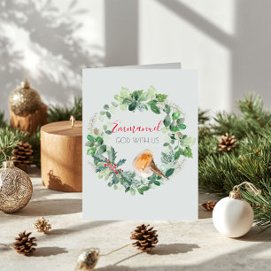Cartão De Festividades Emmanuel Deus com a nossa Watercolor Wreath Christ