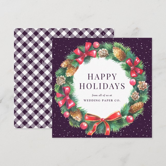 Cartão De Festividades Empresa comercial Purple Gingham Xadrez Wreath (Frente/Verso)