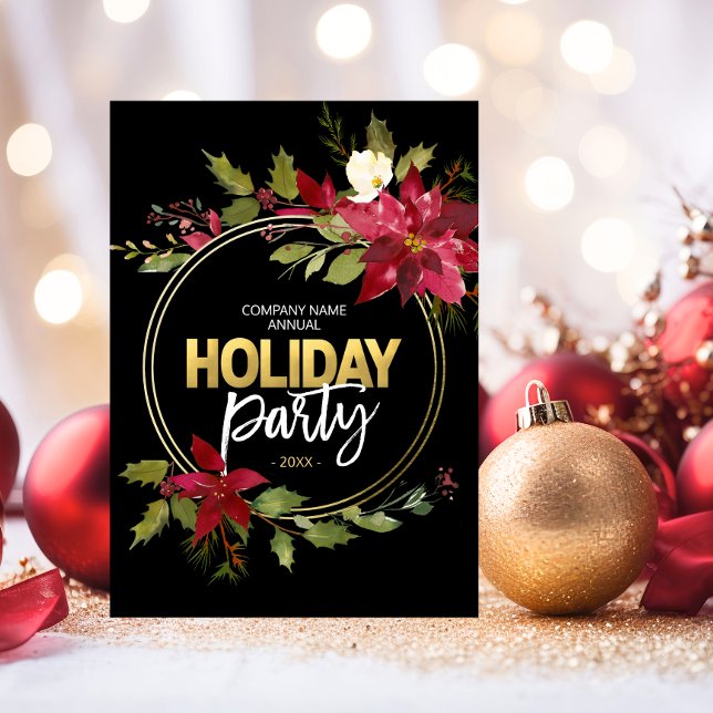 Cartão De Festividades Empresa CORPORATE Red Black Dourado Poinsettia PAR (Company CORPORATE Red Black Gold Poinsettia PARTY Holiday Card)
