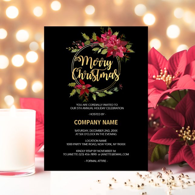 Cartão De Festividades Empresa CORPORATE Red Black Dourado Poinsettia PAR (Company CORPORATE Red Black Gold Poinsettia PARTY Holiday Card)