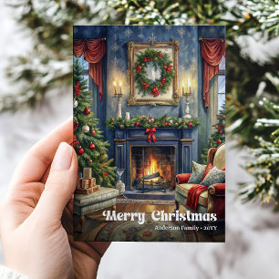 Cartão De Festividades Encantador interior de Natal rústico em aquarela