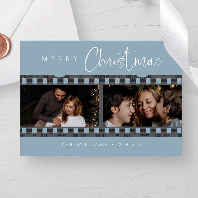 Cartão De Festividades Encantando Foto de Natal Azul Dusty (Personalized Enchanting Dusty Blue Christmas Photo Holiday Card)