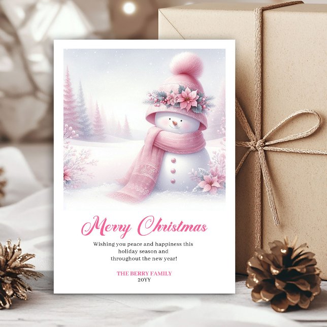 Cartão De Festividades Enchanting pink snowman Christmas kids card digit (Enchanting pink snowman Christmas kids card editable file)