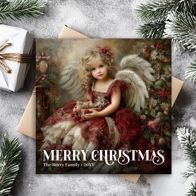 Cartão De Festividades Enchanting Victorian Angel Burgundy Christmas Card (Enchanting Victorian Angel Burgundy Christmas Card)
