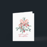 Cartão De Festividades Encontre-me sob o mistério<br><div class="desc">Se você está se sentindo no espírito festivo, esta design elegante é a coisa. Um monte de mistério amarrado com uma fita vermelha é só o lugar para se encontrar para receber beijos de Natal. Altere a mensagem manuscrita para outra coisa, se quiser no cobrir ou no dentro. Produtos correspondentes...</div>