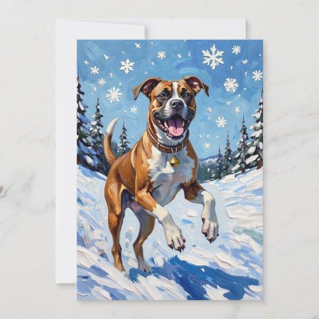 Cartão De Festividades Energetic Boxer Dog Leaping in Winter Snow Fun (Frente)