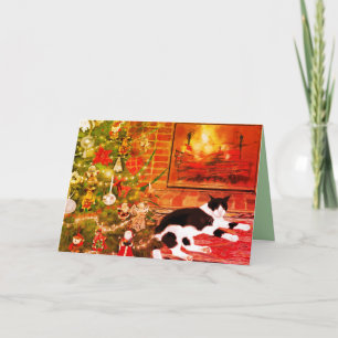 Cartão De Festividades Enfeite de árvore de Natal com gato e lareira aces