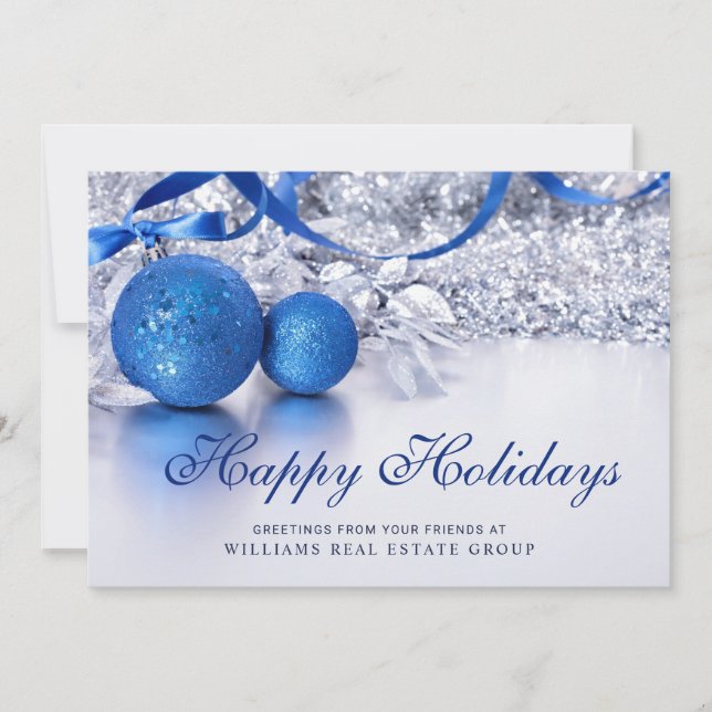 Cartão De Festividades Enfeite De Natal Azul Prata Saudação Corporativa (Frente)