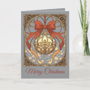Cartão De Festividades Enfeite de Natal Vermelho e Bege Art Nouveau