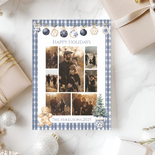 Cartão De Festividades Enfeite de Xadrez Azul Foto Família Natal