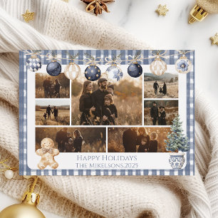 Cartão De Festividades Enfeite de Xadrez Azul Foto Família Natal