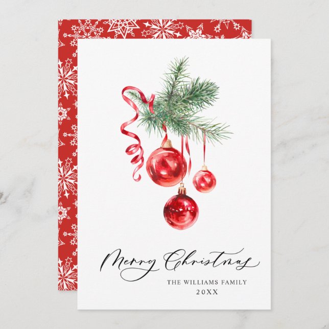 Cartão De Festividades Enfeite Vermelho Elegante Feliz Natal Saudações (Frente/Verso)