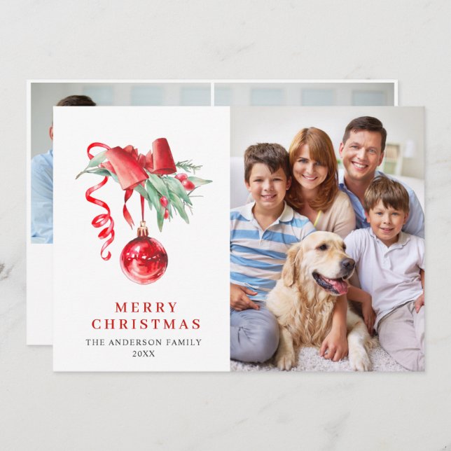 Cartão De Festividades Enfeite Vermelho Elegante Natal Saudação 3 FOTO (Frente/Verso)
