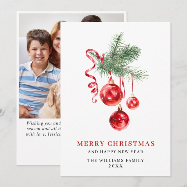 Cartão De Festividades Enfeite Vermelho Elegante Saudação de Natal FOTO (Frente/Verso)