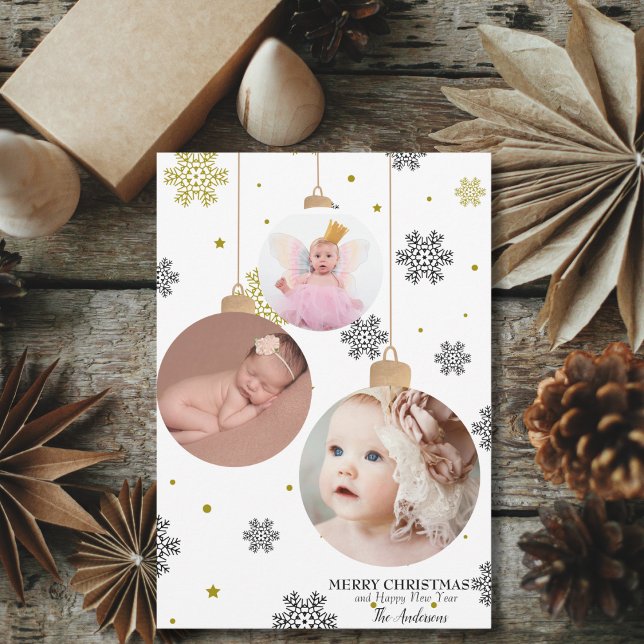 Cartão De Festividades Enfeites de natal de fotos e flocos de neve elegan (Criador carregado)