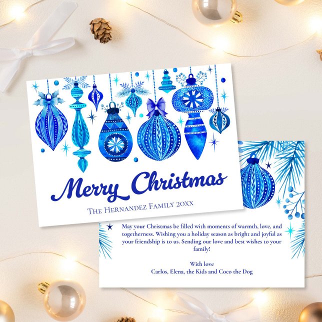 Cartão De Festividades Enfeites de natal Elegante - Família Azul-Cor (Elegant Christmas Ornaments Family Blue Watercolor Holiday Card)