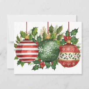 Cartão De Festividades Enfeites de Natal em Aquarela Guirlanda de Azevinh