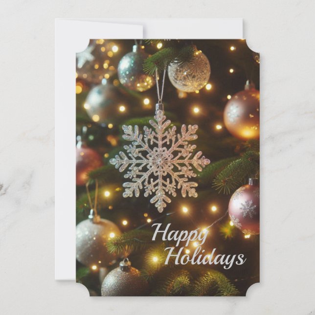 Cartão De Festividades Enfeites de Natal em Prata com Floco de Neve (Frente)