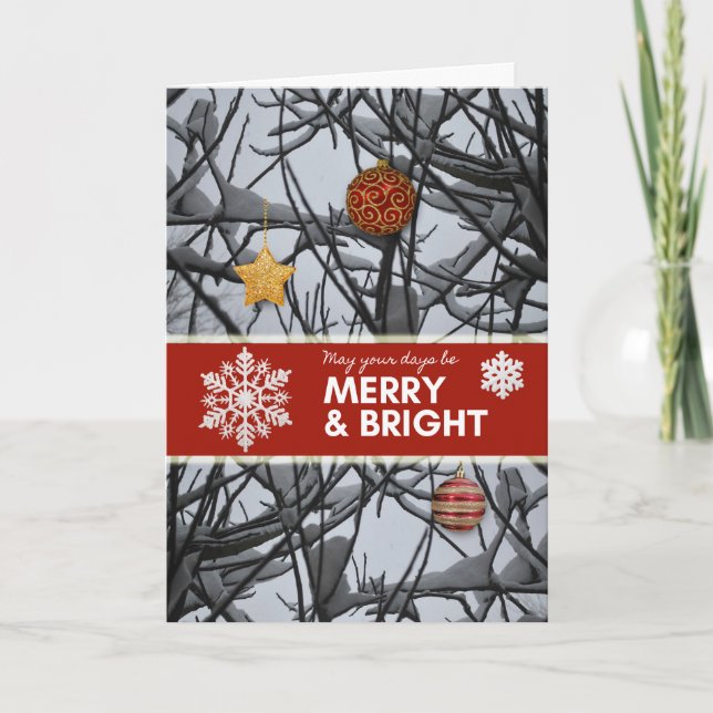 Cartão De Festividades Enfeites de natal em Ramificações de Neve (Frente)