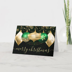 Cartão De Festividades Enfeites de Natal em Verde e Dourado